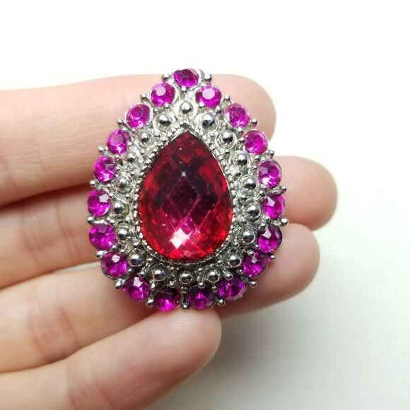 Vintage Hot Pink Rhinestone Drop Shape Brooch, Silver Tone Setting, Estate - Picture 1 of 6